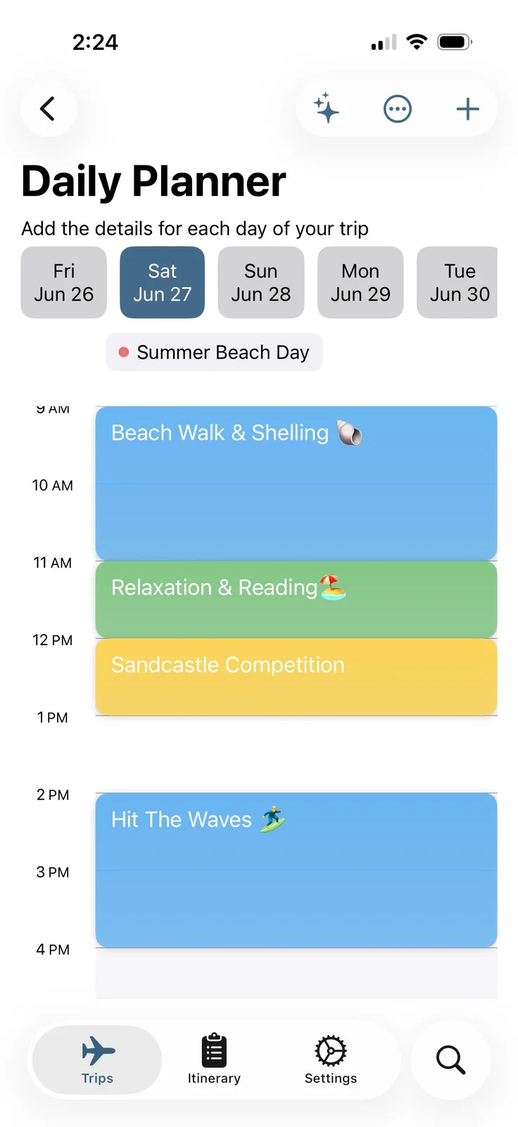 Daily planning view with events